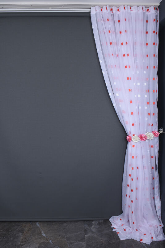TERGAL KIRMIZI-BEYAZ KARELİ BEYAZ RENK TEK KANAT Hazır Dikilmiş Pileli Fon Perde 300*260 Cm - 10