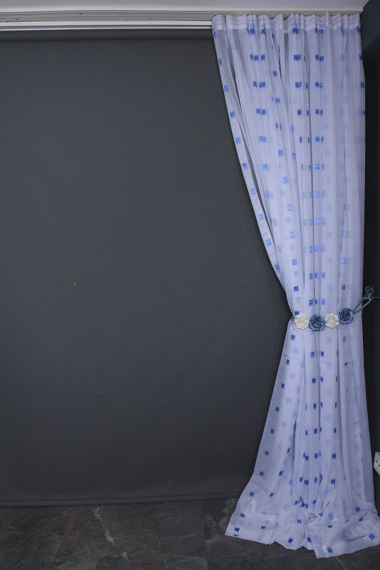 TERGAL MAVİ KARELİ BEYAZ RENK TEK KANAT Hazır Dikilmiş Pileli Fon Perde 300*260 Cm - 9