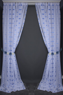 TERGAL MAVİ KARELİ BEYAZ RENK TEK KANAT Hazır Dikilmiş Pileli Fon Perde 300*260 Cm - 10