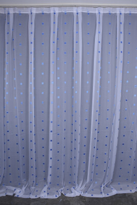 TERGAL MAVİ KARELİ BEYAZ RENK TEK KANAT Hazır Dikilmiş Pileli Fon Perde 300*260 Cm - AKÇA TEKSTİL