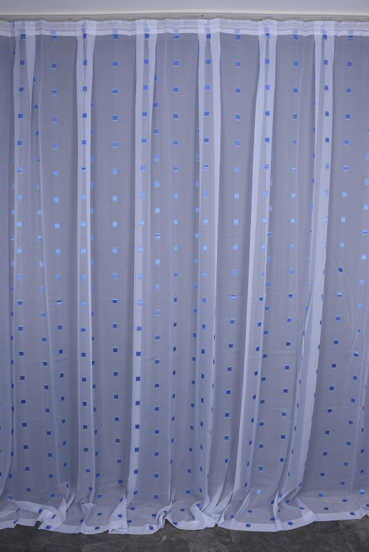 TERGAL MAVİ KARELİ BEYAZ RENK TEK KANAT Hazır Dikilmiş Pileli Fon Perde 300*260 Cm - 1