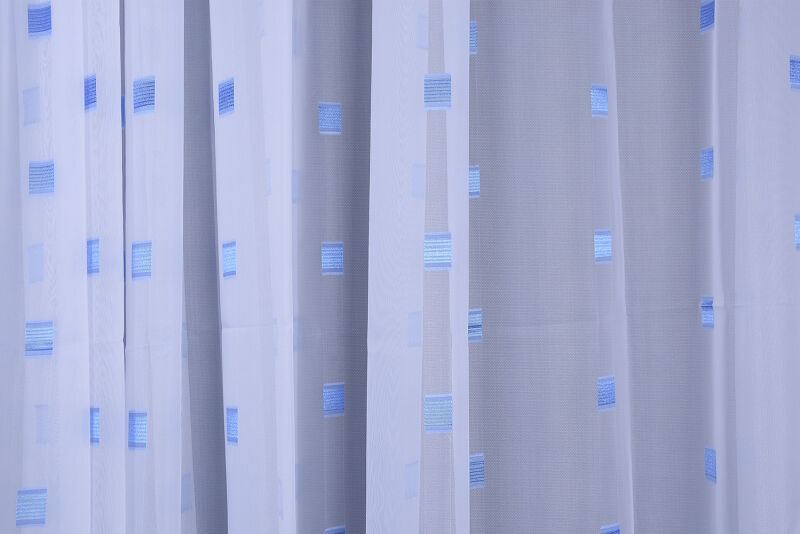 TERGAL MAVİ KARELİ BEYAZ RENK TEK KANAT Hazır Dikilmiş Pileli Fon Perde 300*260 Cm - 2