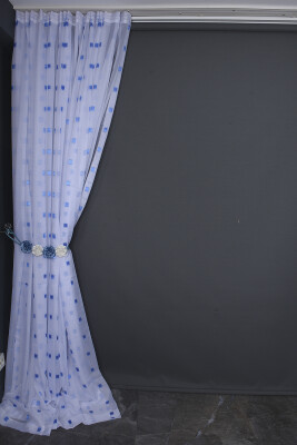 TERGAL MAVİ KARELİ BEYAZ RENK TEK KANAT Hazır Dikilmiş Pileli Fon Perde 300*260 Cm - 8