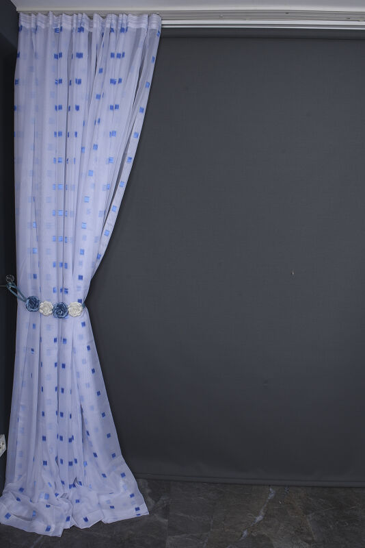 TERGAL MAVİ KARELİ BEYAZ RENK TEK KANAT Hazır Dikilmiş Pileli Fon Perde 300*260 Cm - 8