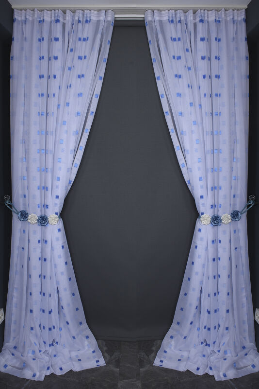 TERGAL MAVİ KARELİ BEYAZ RENK TEK KANAT Hazır Dikilmiş Pileli Fon Perde 300*260 Cm - 10