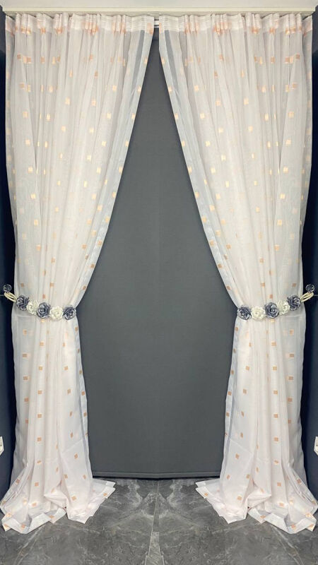 TERGAL TURUNCU KARELİ BEYAZ RENK TEK KANAT Hazır Dikilmiş Pileli Fon Perde 300*260 Cm - 6