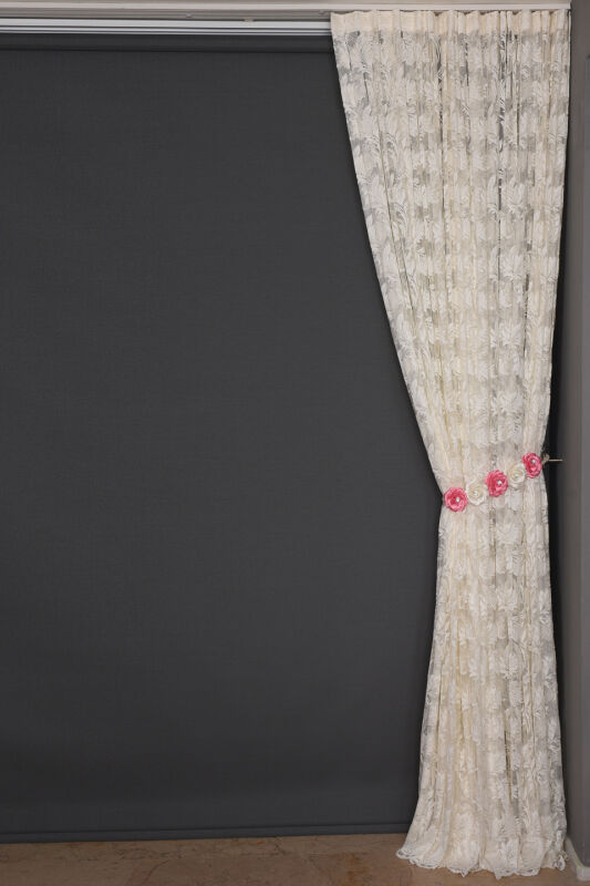 YAPRAK MODEL TÜL KREM RENK TEK KANAT Hazır Pileli Fon Perde 300*260 - 6