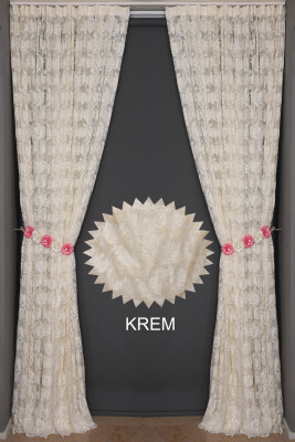 YAPRAK MODEL TÜL KREM RENK TEK KANAT Hazır Pileli Fon Perde 300*260 - 8