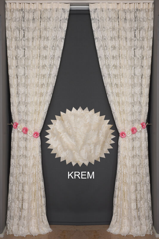 YAPRAK MODEL TÜL KREM RENK TEK KANAT Hazır Pileli Fon Perde 300*260 - 8