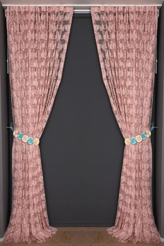 YAPRAK MODEL TÜL PUDRA RENK TEK KANAT Hazır Pileli Fon Perde 300*260 - 7